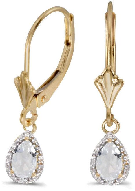 Image of 6mm 14K Yellow Gold Pear White Topaz & Diamond Leverback Earrings