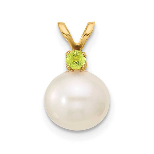 Image of 14K Yellow Gold Peridot 8-8.5mm White Round Freshwater Cultured Pearl Pendant