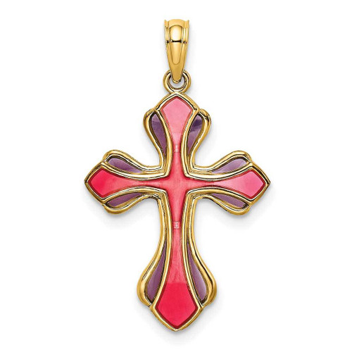 Image of 14K Yellow Gold Pink & Purple Stained Glass Cross Pendant