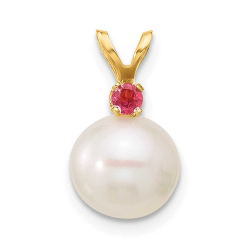 Image of 14K Yellow Gold Pink Topaz 8-8.5mm White Round Freshwater Cultured Pearl Pendant
