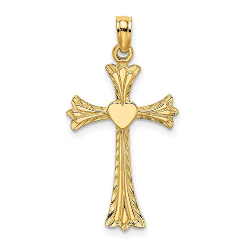 Image of 14K Yellow Gold Polished & Engraved Cross w/ Heart Pendant