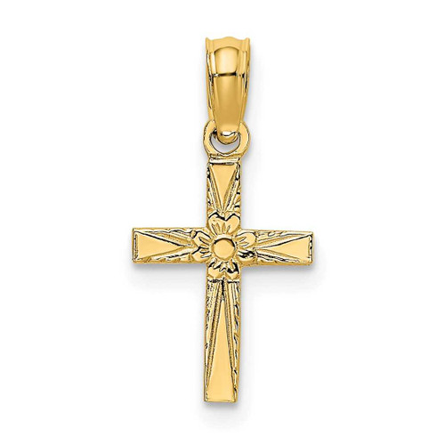 Image of 14K Yellow Gold Polished & Engraved Mini Cross w/ Flower Pendant