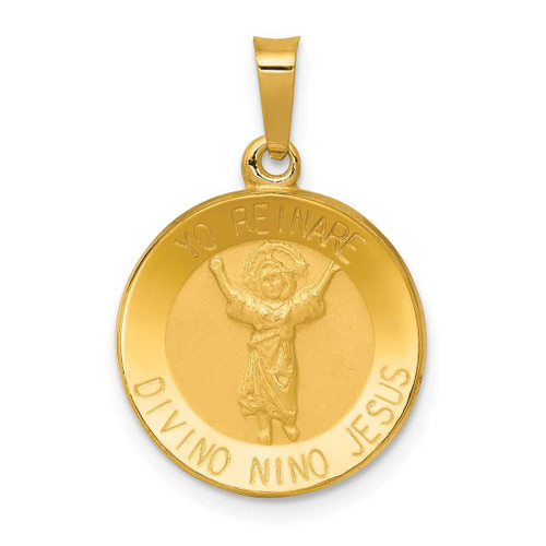 Image of 14K Yellow Gold Polished & Satin Hollow Divino Nino Round Medal Pendant XR1670