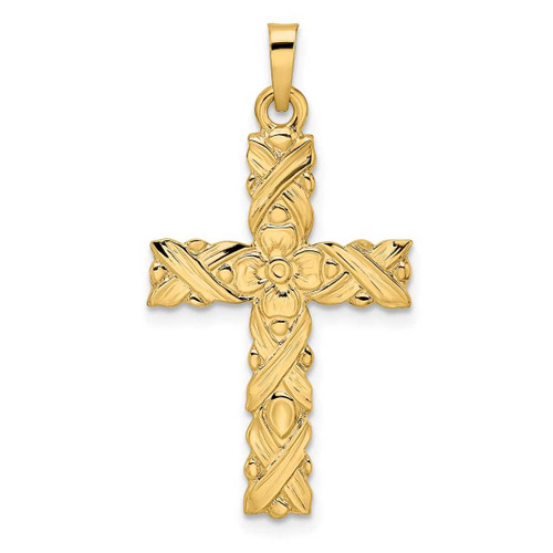 Image of 14K Yellow Gold Polished & Textured Solid Floral Cross Pendant XR1902