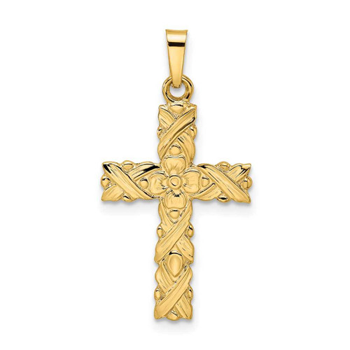 Image of 14K Yellow Gold Polished & Textured Solid Floral Cross Pendant XR1904