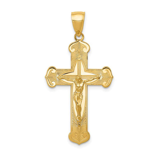 Image of 14K Yellow Gold Polished 2-D Crucifix w/ Jesus On Engraved Cross Pendant