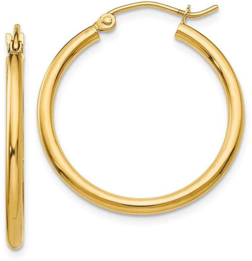 Image of 25mm 14K Yellow Gold Polished 2mm Tube Hoop Earrings T915