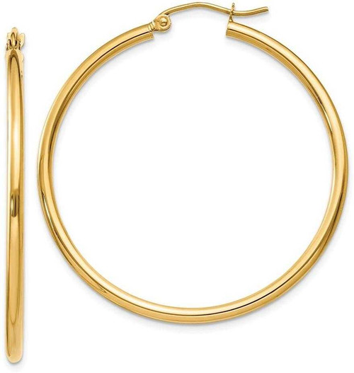 Image of 40mm 14K Yellow Gold Polished 2mm Tube Hoop Earrings T919