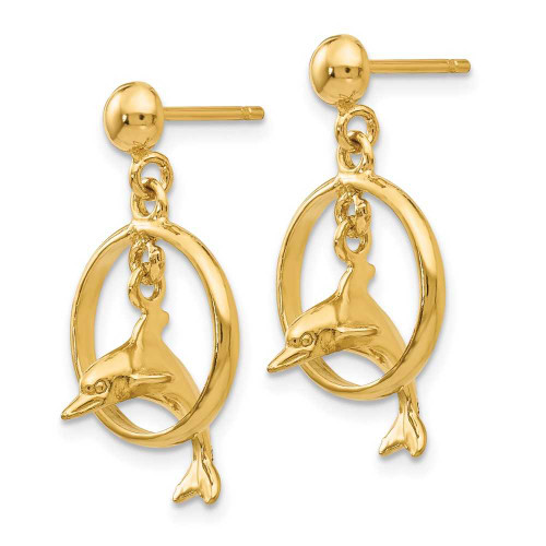 Image of 22mm 14K Yellow Gold Polished 3-D Dolphin Jumping Through Hoop Dangle Earrings