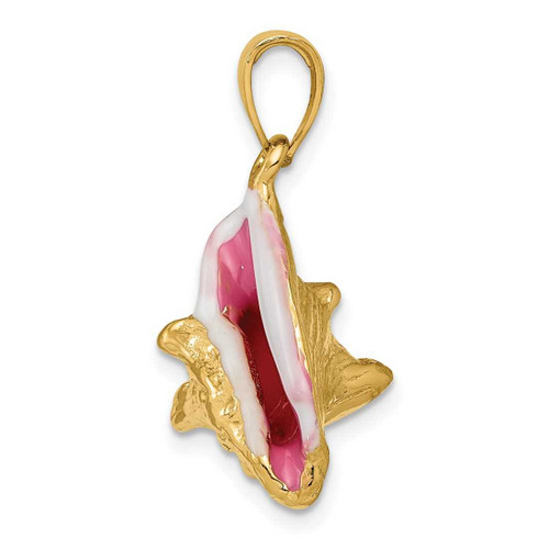 Image of 14K Yellow Gold Polished 3-Dimensional Pink & White Enameled Conch Shell Pendant