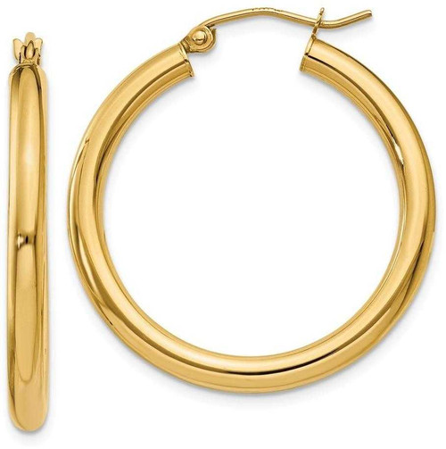 Image of 30mm 14K Yellow Gold Polished 3mm Tube Hoop Earrings T936