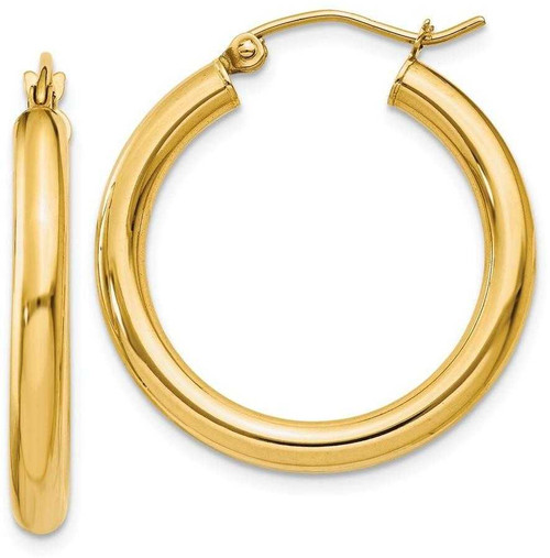 Image of 25mm 14K Yellow Gold Polished 3mm Tube Hoop Earrings T937
