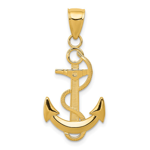14K Yellow Gold Polished Anchor w/ Textured Rope Pendant