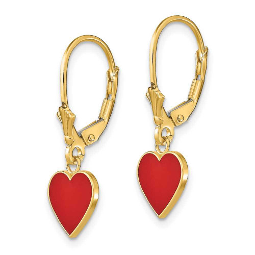 Image of 26mm 14K Yellow Gold Polished Enameled Heart Dangle Leverback Earrings