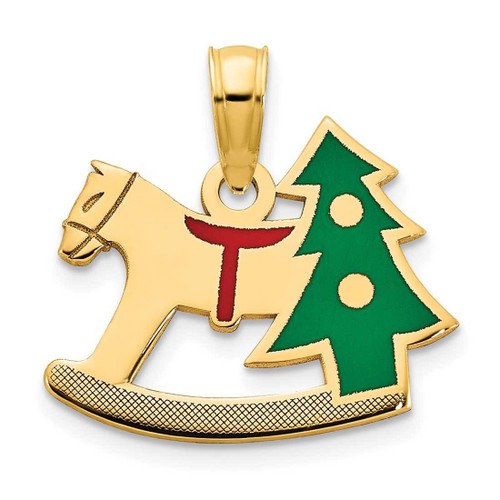 Image of 14K Yellow Gold Polished Epoxy Rocking Horse with Christmas Tree Pendant