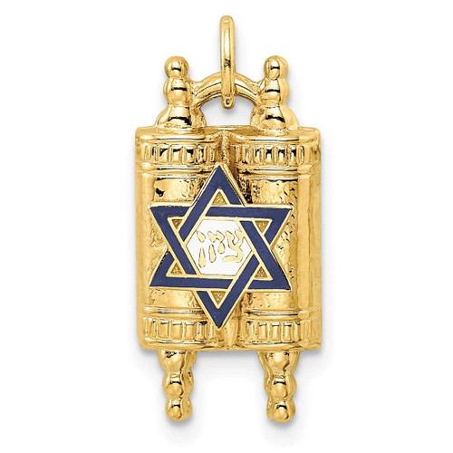 Image of 14K Yellow Gold Polished Solid Torah & Enameled Star of David Pendant