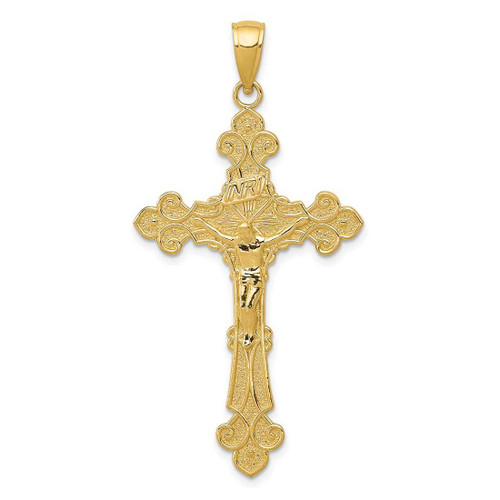 Image of 14K Yellow Gold Polished Textured Inri Crucifix Fleur De Lis Pendant