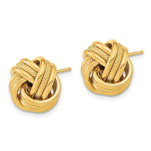 Image of 13mm 14K Yellow Gold Polished Textured Triple Love Knot Stud Post Earrings TL1059