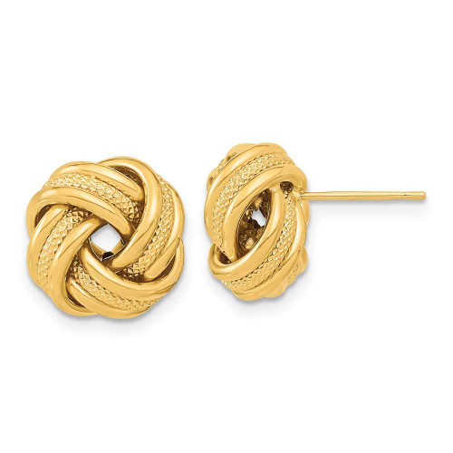 Image of 13mm 14K Yellow Gold Polished Textured Triple Love Knot Stud Post Earrings TL1059