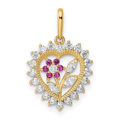 Image of 14K Yellow Gold Polished White & Pink CZ Flower Heart Pendant