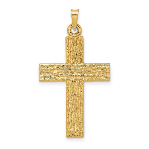 Image of 14K Yellow Gold Polished Wood Texture Solid Cross Pendant XR1882