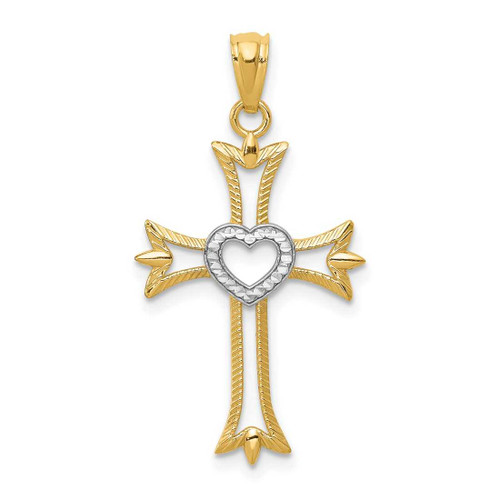 Image of 14K Yellow Gold Rhodium Plated Shiny-Cut Cross with Heart Pendant
