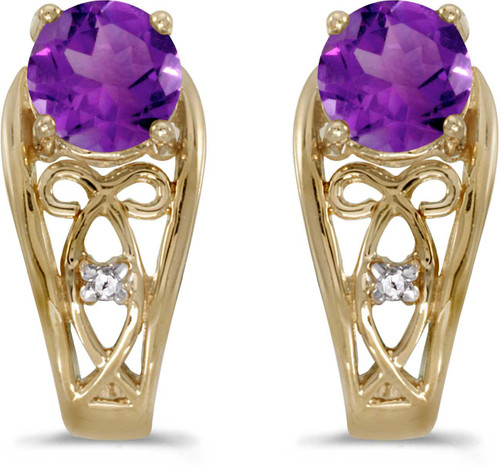 Image of 14k Yellow Gold Round Amethyst And Diamond Earrings
