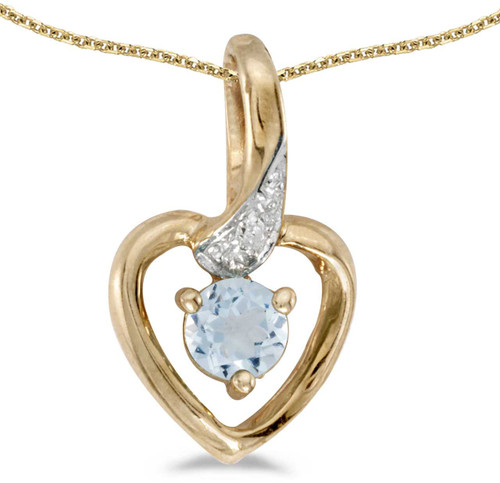 Image of 14k Yellow Gold Round Aquamarine And Diamond Heart Pendant (Chain NOT included)