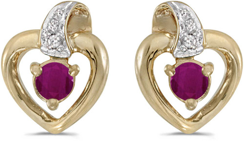 Image of 14k Yellow Gold Round Ruby And Diamond Heart Stud Earrings