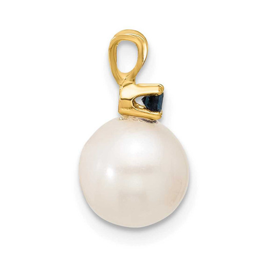 Image of 14K Yellow Gold Sapphire 8-8.5mm White Round Freshwater Cultured Pearl Pendant