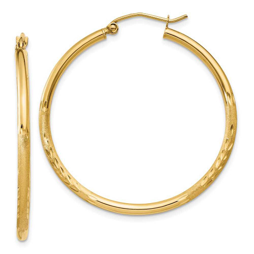 Image of 35mm 14K Yellow Gold Satin & Shiny-Cut 2mm Round Tube Hoop Earrings TC207