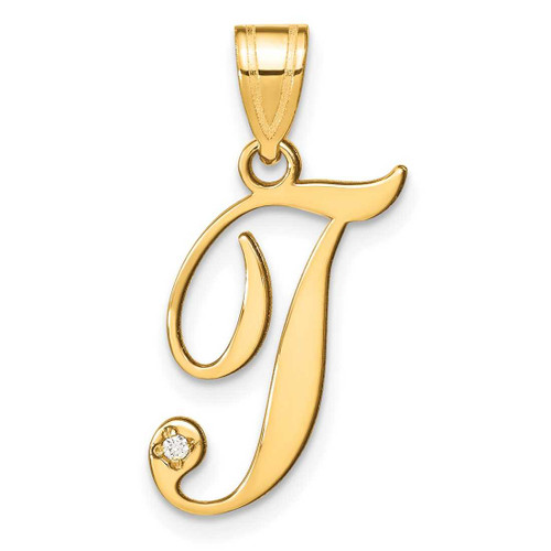 Image of 14K Yellow Gold Script Letter T Initial Pendant with Diamond