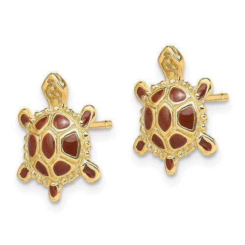 Image of 12.25mm 14K Yellow Gold Sea Turtle w/ Spiny Brown Enamel Shell Earrings