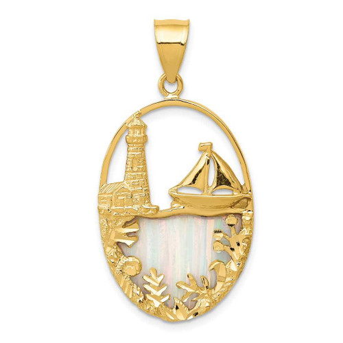 Image of 14K Yellow Gold Simulated Opal Lighthouse & Sailboat Pendant