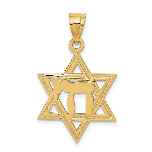 Image of 14K Yellow Gold Solid Polished Chai In Star Of David Pendant