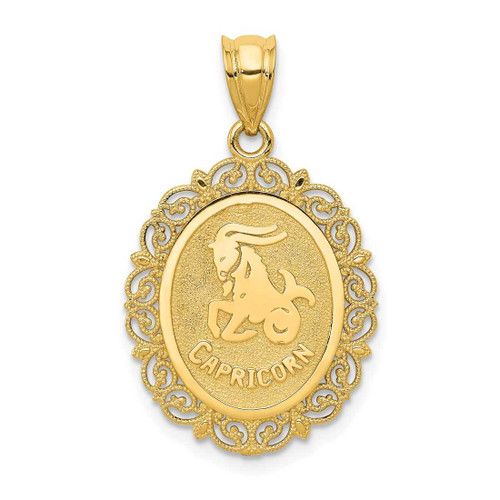 Image of 14K Yellow Gold Solid Satin Polished Capricorn Zodiac Oval Pendant