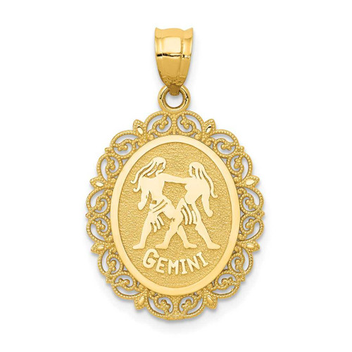 Image of 14K Yellow Gold Solid Satin Polished Gemini Zodiac Oval Pendant