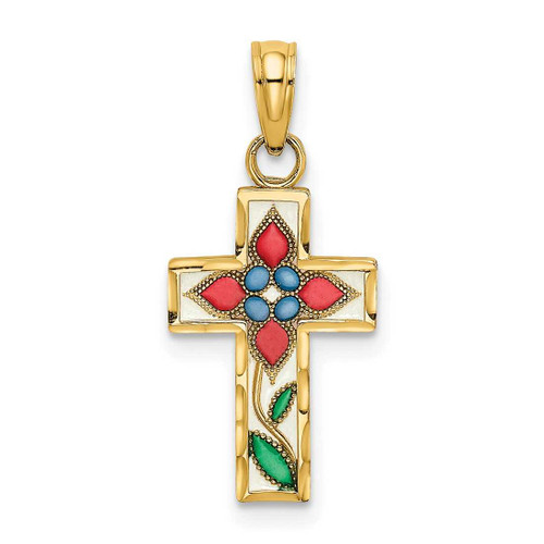 Image of 14K Yellow Gold Stained Glass w/ Flower Cross Pendant