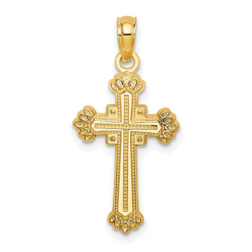 Image of 14K Yellow Gold Textured Leaves On Edges Cross Pendant