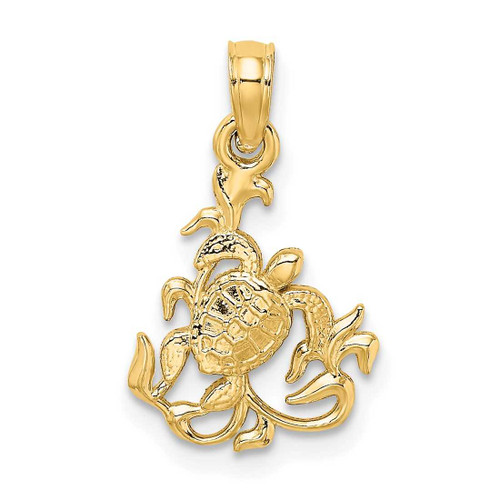 Image of 14K Yellow Gold Textured Mini Sea Turtle & Kelp Pendant