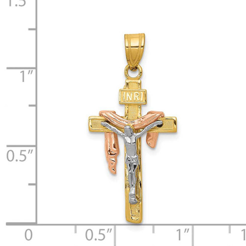 Image of 14K Yellow Gold Tri-Color Shiny-Cut Small Draped Inri Crucifix Pendant