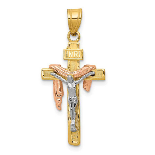 Image of 14K Yellow Gold Tri-Color Shiny-Cut Small Draped Inri Crucifix Pendant