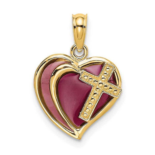 Image of 14K Yellow Gold w/ Purple Stained Glass Cross Heart Pendant