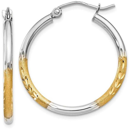 Image of 20mm 14K Yellow Gold w/ Rhodium 2mm Satin & Shiny-Cut Hoop Earrings TF316