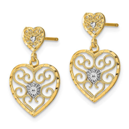 Image of 14K Yellow Gold w/ Rhodium Heart Beaded Filigree Dangle Earrings