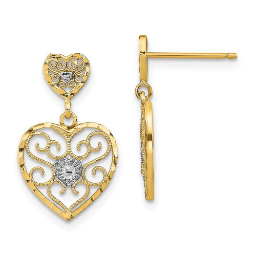 Image of 14K Yellow Gold w/ Rhodium Heart Beaded Filigree Dangle Earrings