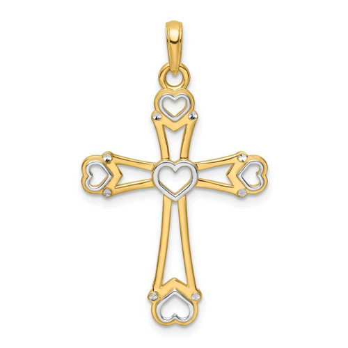 Image of 14k Yellow Gold w/ Rhodium Shiny-Cut Cross w/ Hearts Pendant
