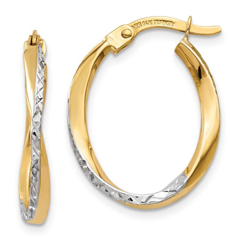 Image of 17mm 14K Yellow Gold w/ Rhodium Textured and Polished Oval Hoop Earrings