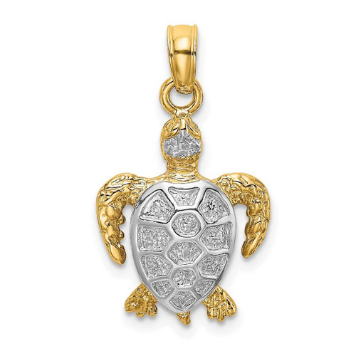 Image of 14K Yellow Gold w/ Rhodium-Plated & 2-D Swimming Sea Turtle Pendant