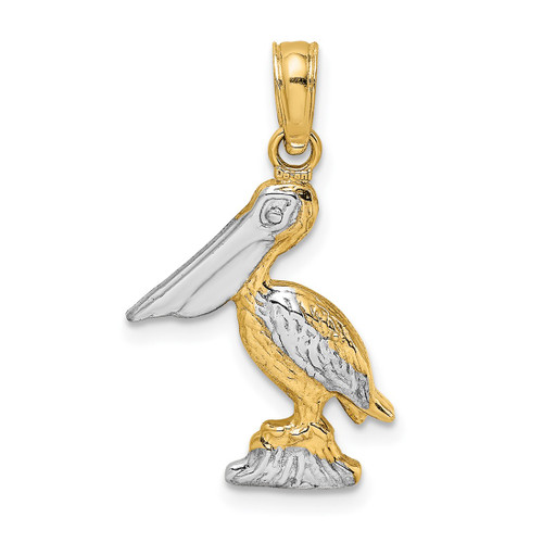 14K Yellow Gold w/ Rhodium-Plated 3-D Small Standing Pelican Pendant